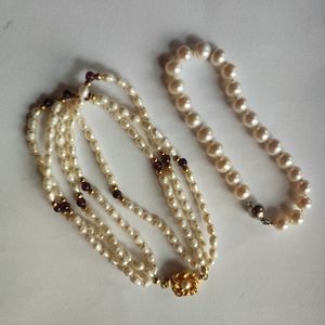 Pair of Gritty Cultered Pearl Bracelets Garnets Gold Tone Fancy Clasp EUC Pearls